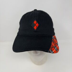 Six Flags DC Comics Harley Quinn Black Red Diamond Plaid Distressed Baseball Hat
